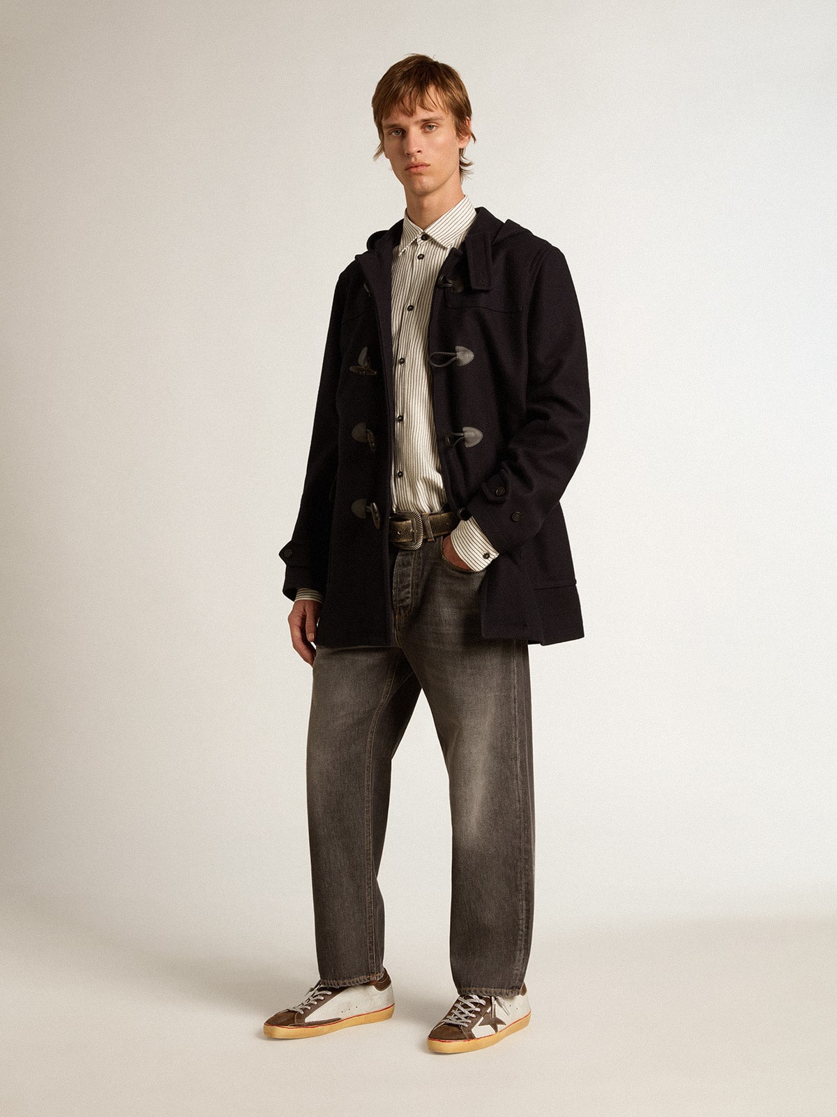Dark blue wool duffle coat with hood and toggle fastening| Golden Goose