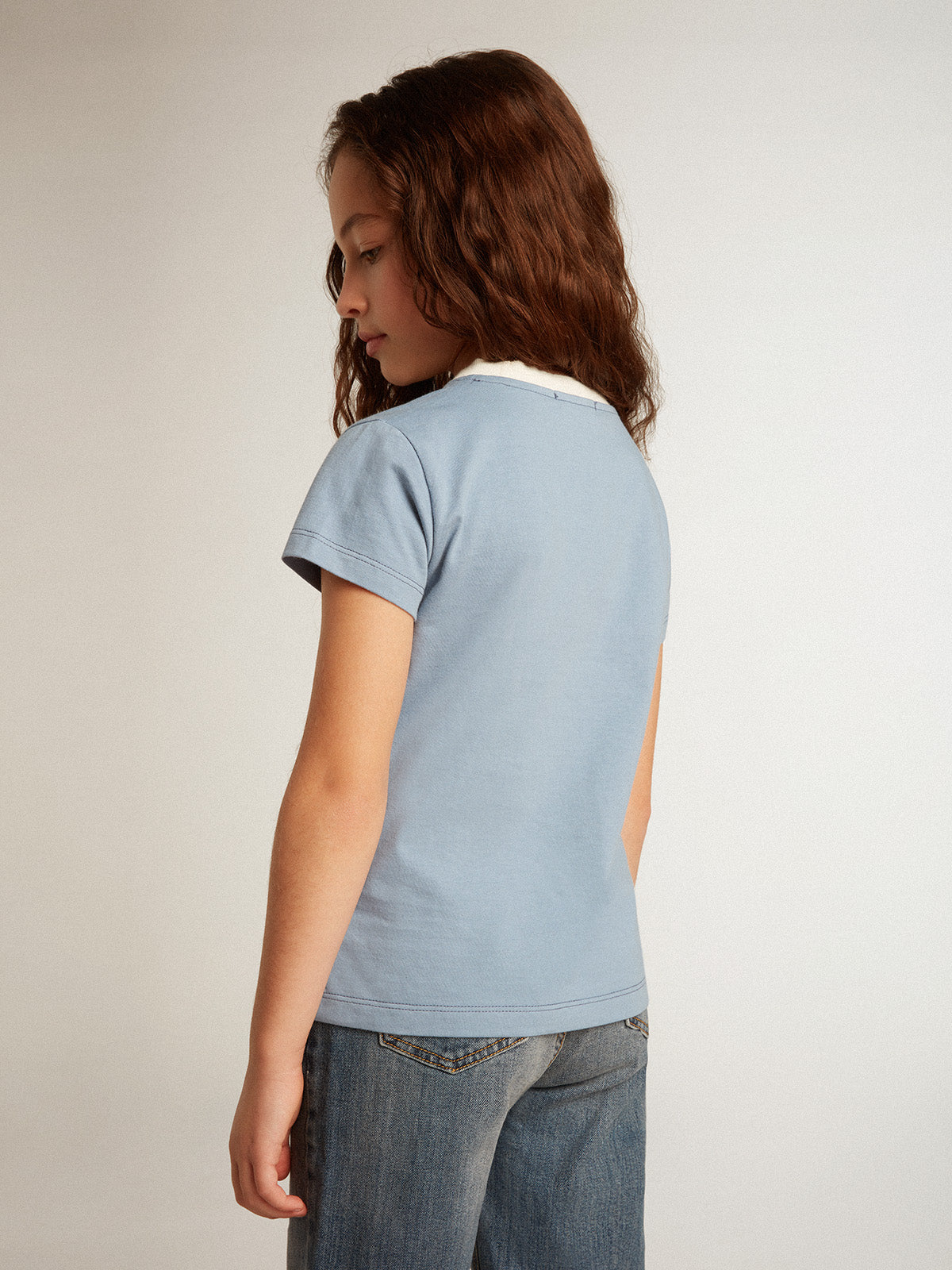 Girls' light blue cotton T-shirt with print and crystals| Golden Goose