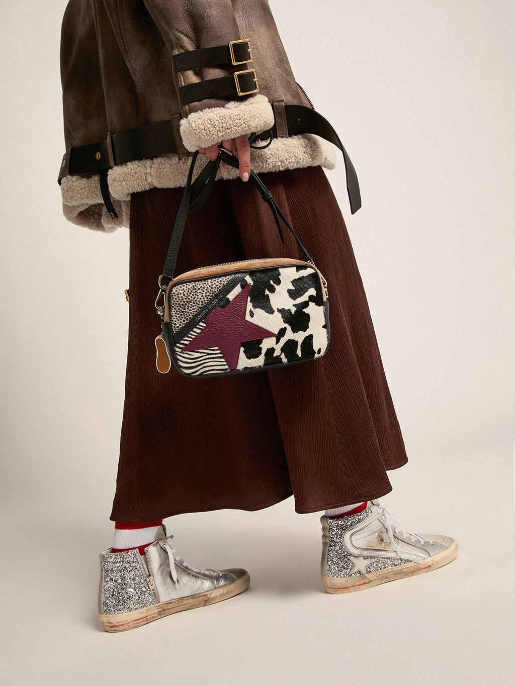 Women's Slide with laminated leather upper and silver glitter| Golden Goose