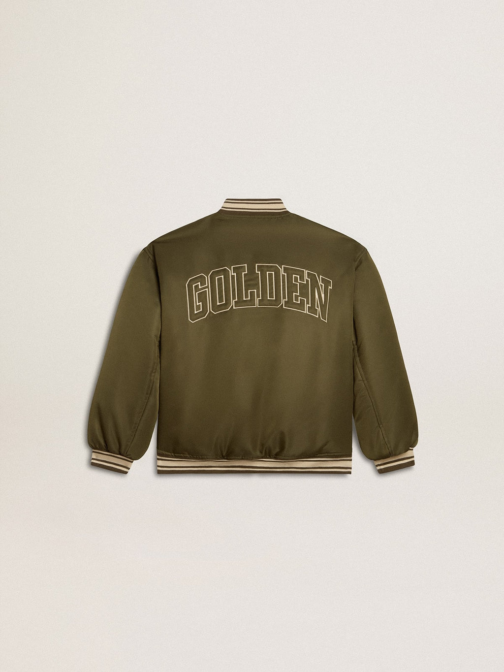 Kids military-green nylon bomber jacket with lettering on the back| Golden Goose