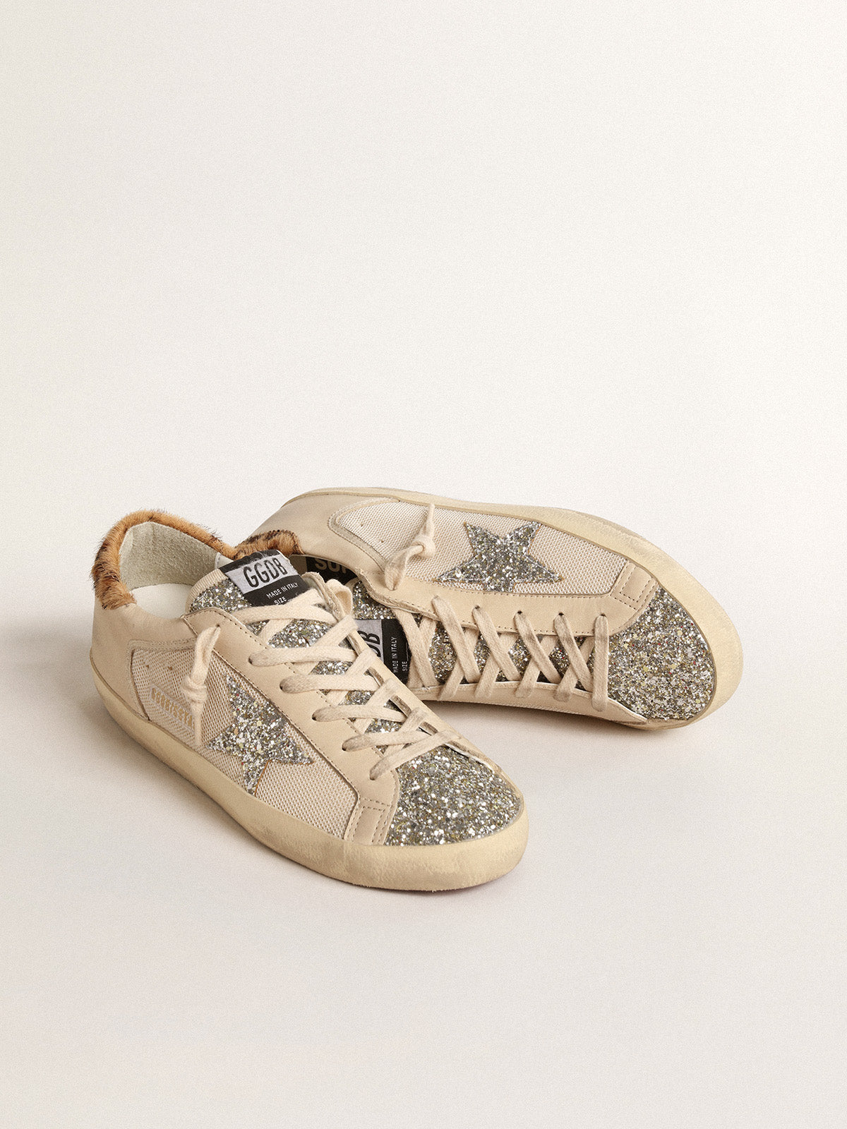 Super-Star in cream mesh with glitter star and leopard heel tab| Golden Goose