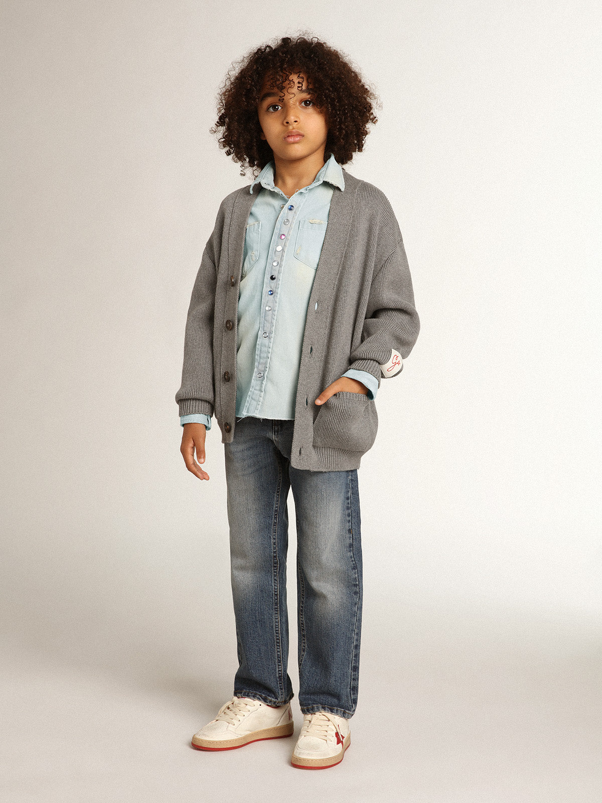 Gray cotton cardigan with logo on the back| Golden Goose