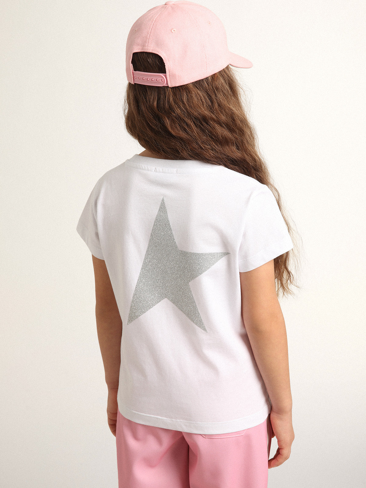 White and silver T-shirt with logo and maxi star in silver glitter| Golden Goose