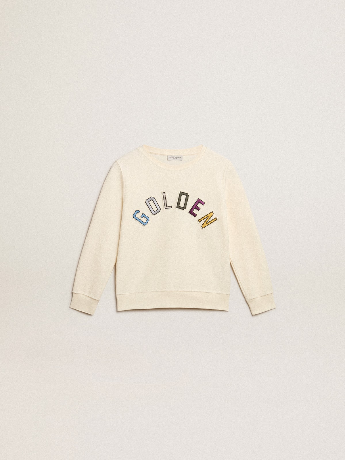 Sweatshirt in aged white with multicolor Golden lettering on the front| Golden Goose