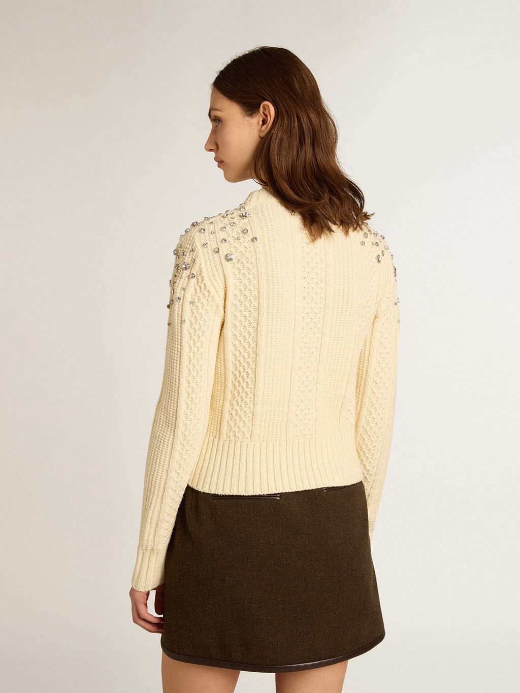 Women's cropped worn-white sweater with decorative crystals| Golden Goose