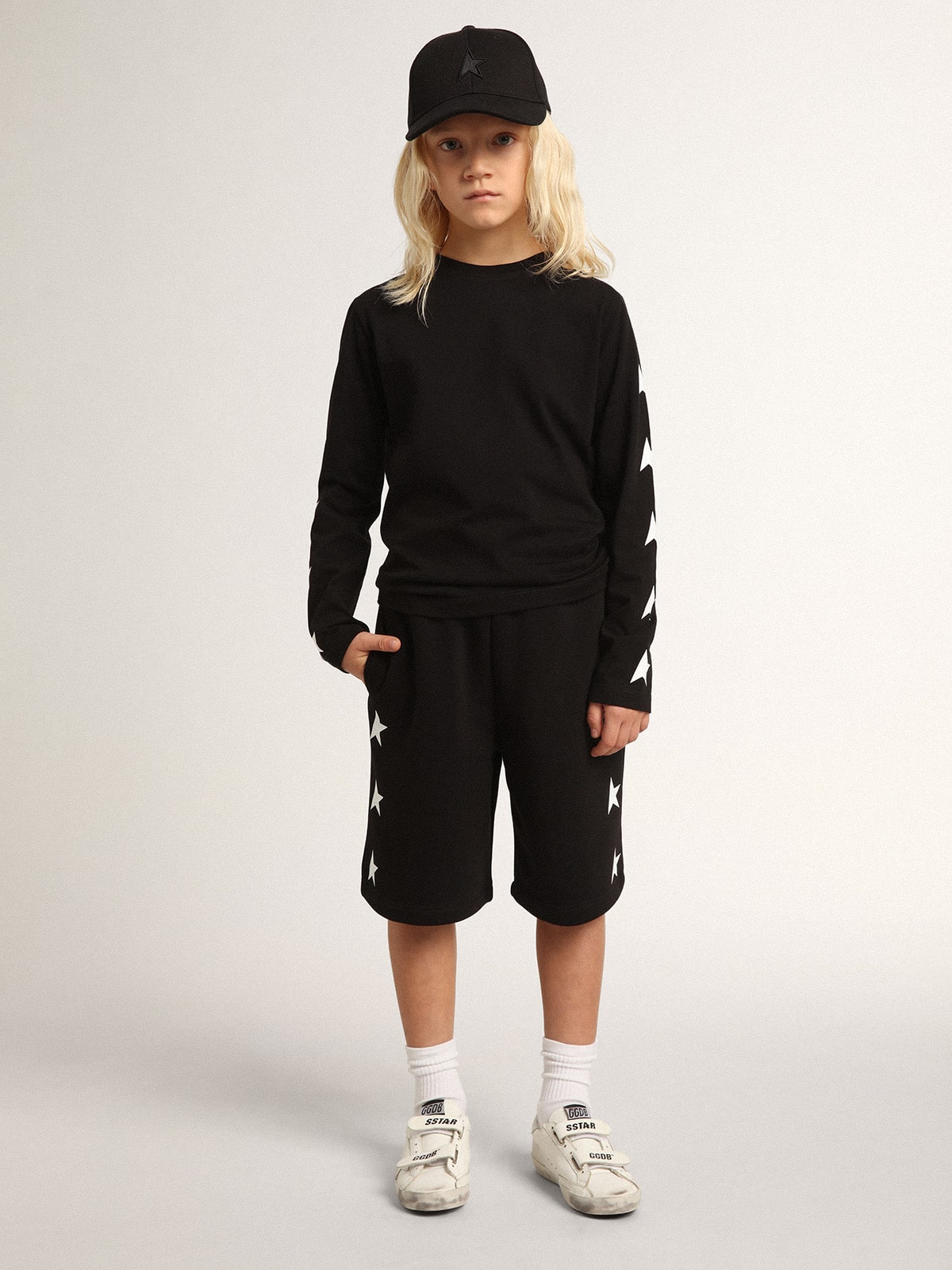 Boys' black Bermuda shorts with white stars| Golden Goose