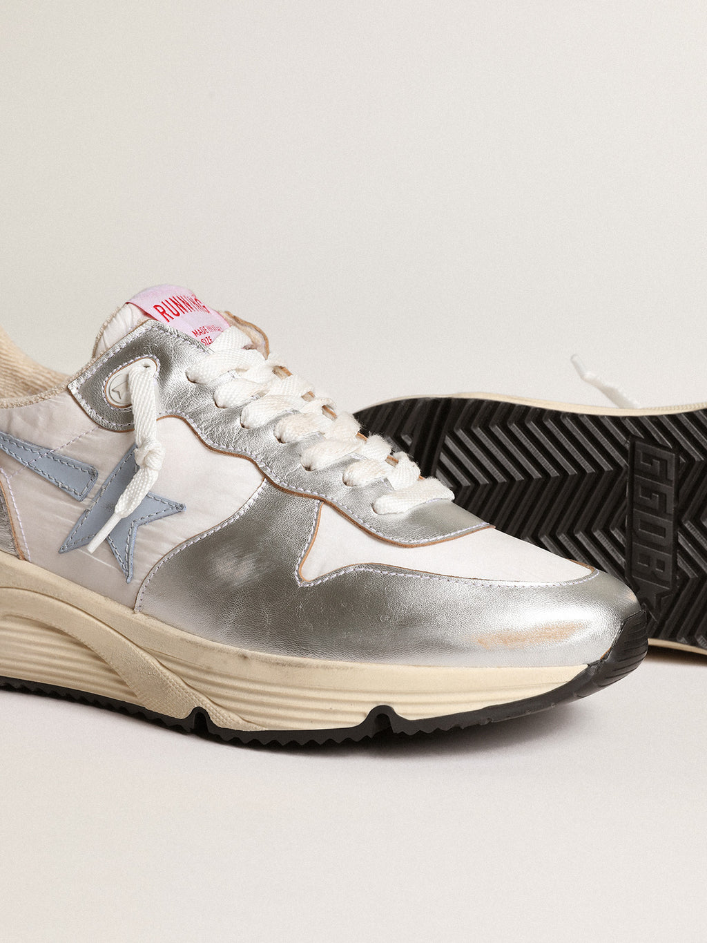 Running Sole in nylon and silver metallic leather with light blue star| Golden Goose