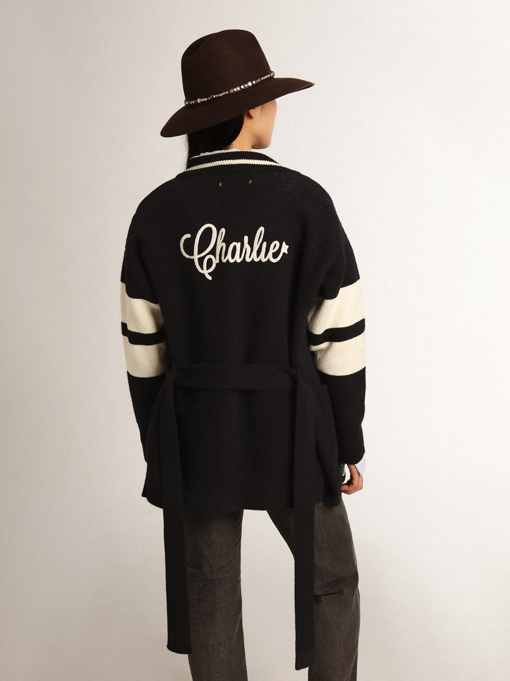 Women's blue cardigan with belt at the waist and lettering on the back| Golden Goose