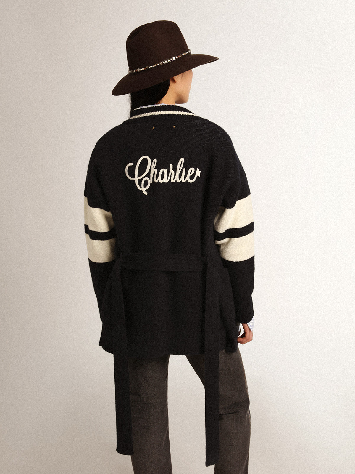 Women's blue cardigan with belt at the waist and lettering on the back| Golden Goose