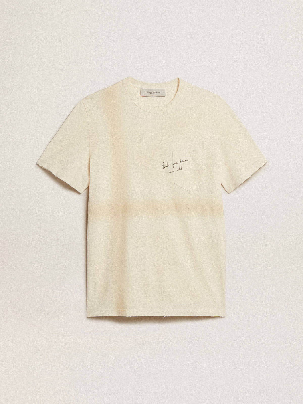 Aged white cotton T-shirt with lettering on the pocket| Golden Goose