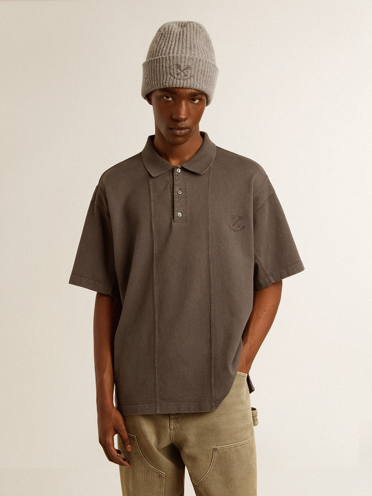Men's cotton polo shirt in anthracite gray with embroidery| Golden Goose