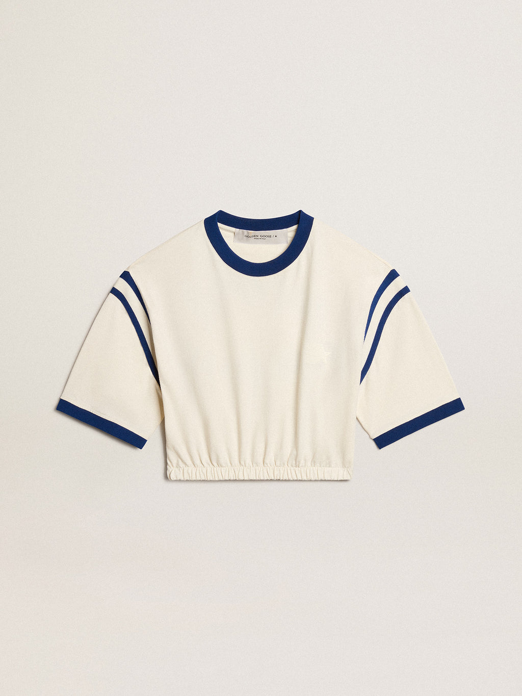 Aged white cotton cropped T-shirt with lettering on the back| Golden Goose