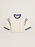 Aged white cotton cropped T-shirt with lettering on the back| Golden Goose