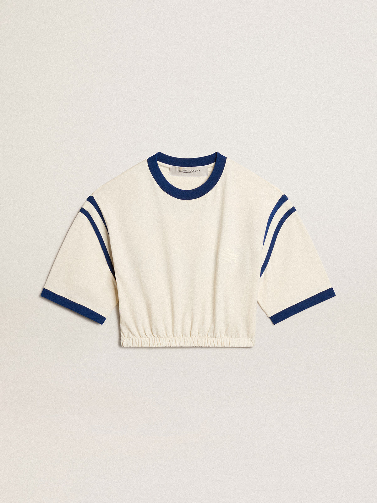 Aged white cotton cropped T-shirt with lettering on the back| Golden Goose