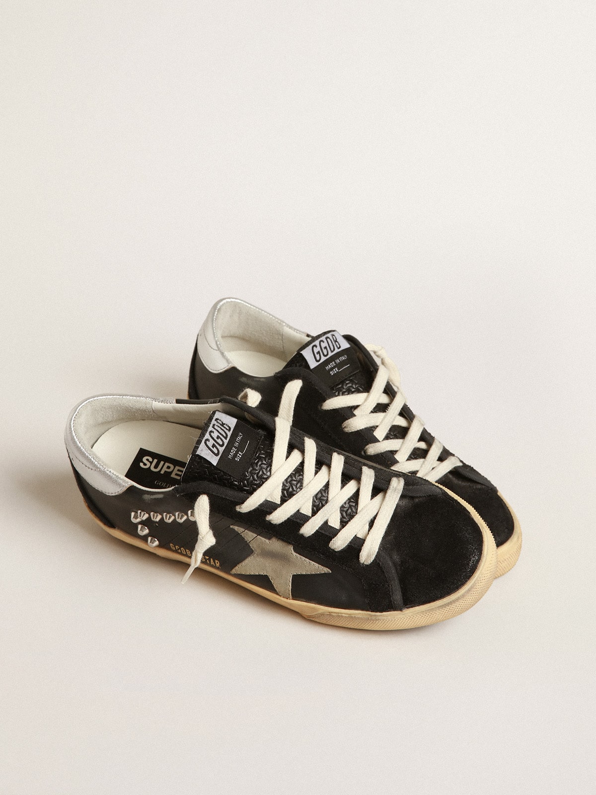 Women's Super-Star in black leather and suede with silver studs| Golden Goose