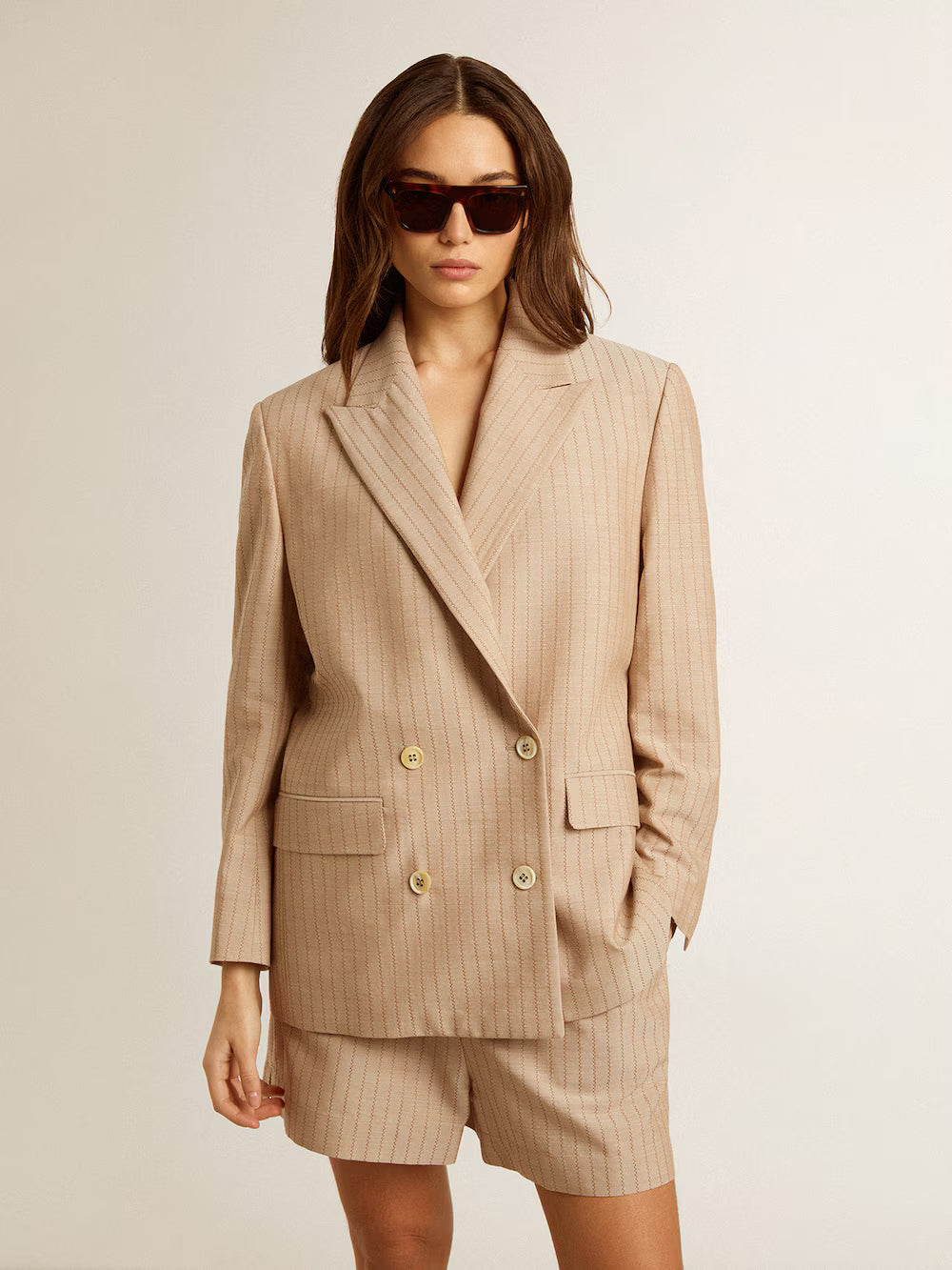 Women's dark beige double-breasted blazer with button fastening| Golden Goose