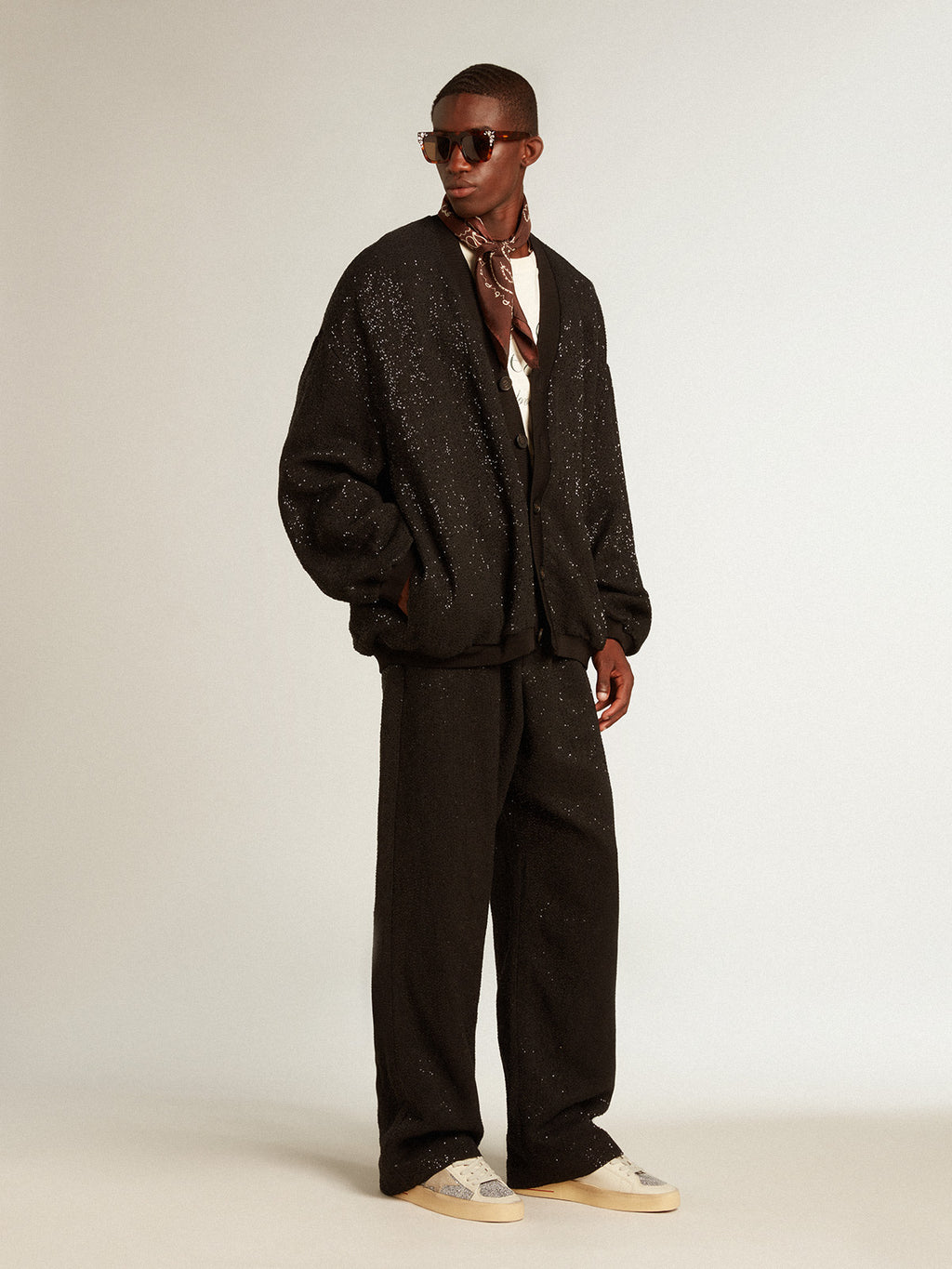 Men's black joggers in linen blend with sequins| Golden Goose