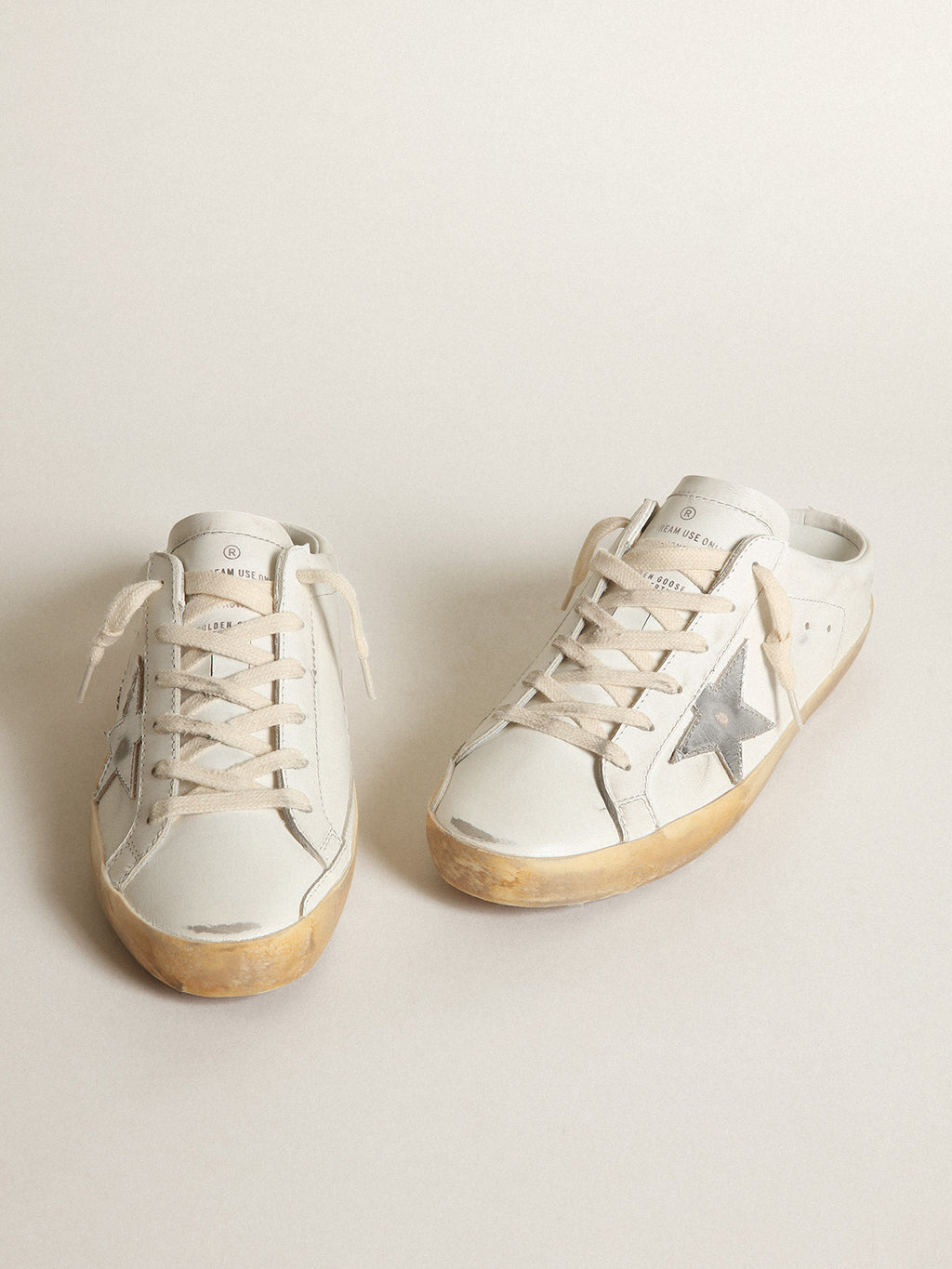 Super-Star Sabots in white leather with silver metallic leather star| Golden Goose