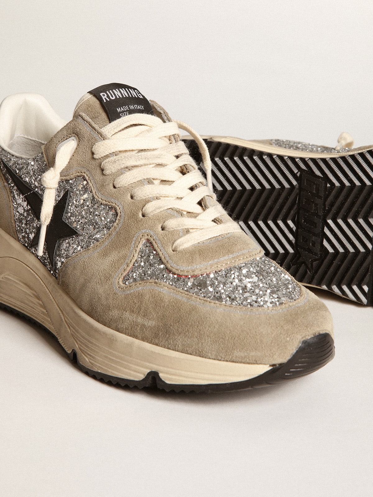 Women's Running Sole in silver glitter and dove gray suede| Golden Goose