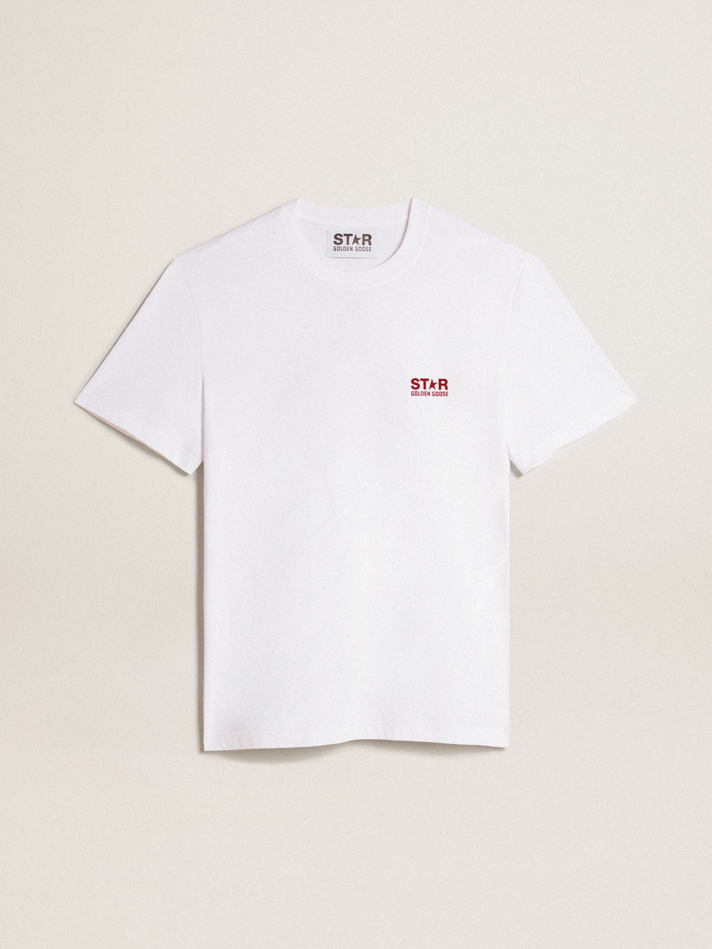 Men's white T-shirt with contrasting burgundy logo and star| Golden Goose
