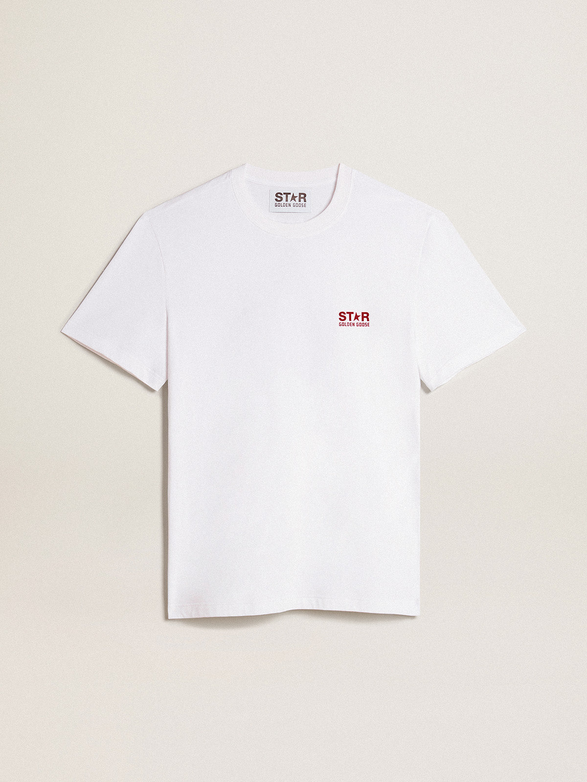 Men's white T-shirt with contrasting burgundy logo and star| Golden Goose