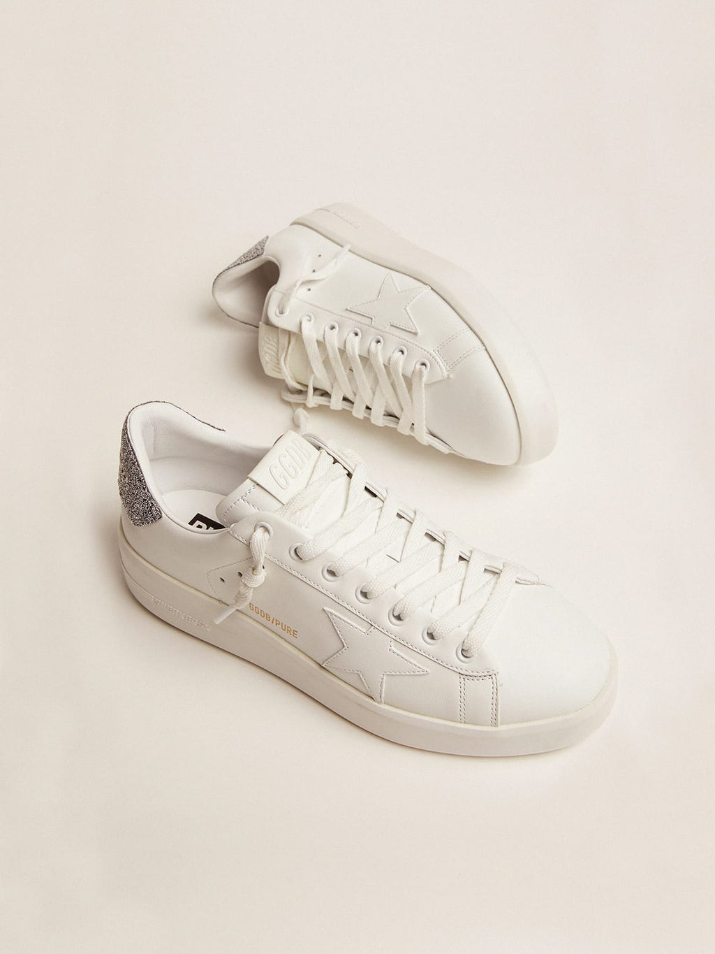 Purestar in white leather with silver Swarovski crystal heel tab| Golden Goose