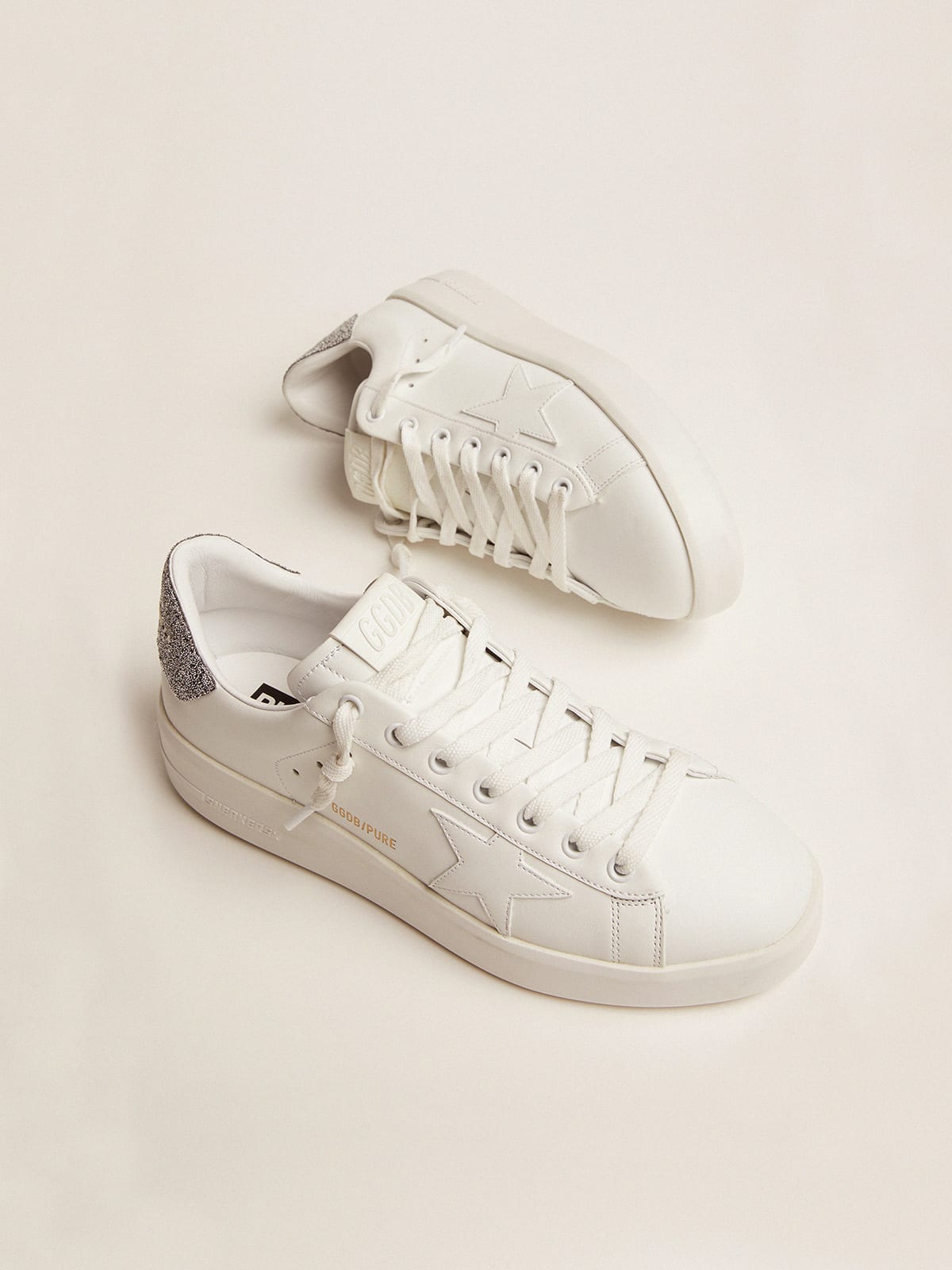 Purestar in white leather with silver Swarovski crystal heel tab| Golden Goose