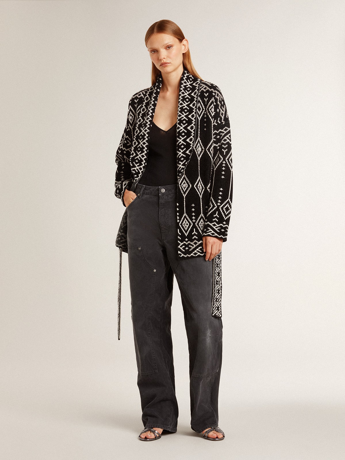 Women's black cardigan with belt and crystals| Golden Goose