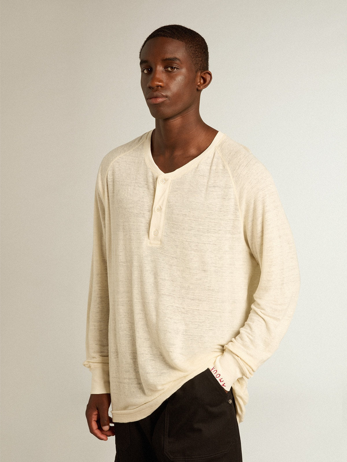 Men's long-sleeved T-shirt in panama-colored linen| Golden Goose