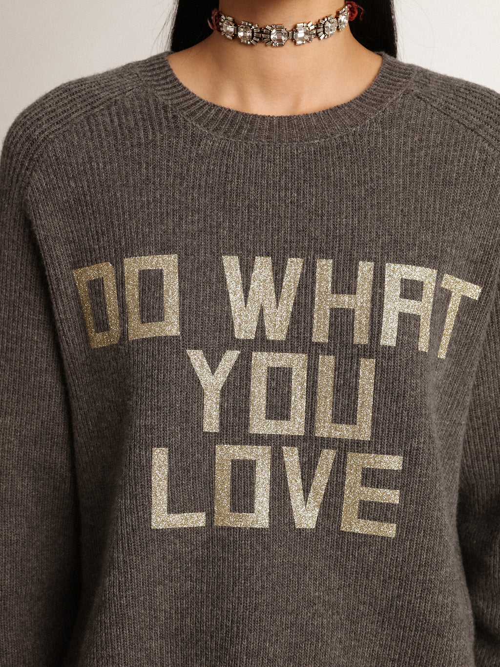 Women's gray round-neck sweater with glitter lettering| Golden Goose