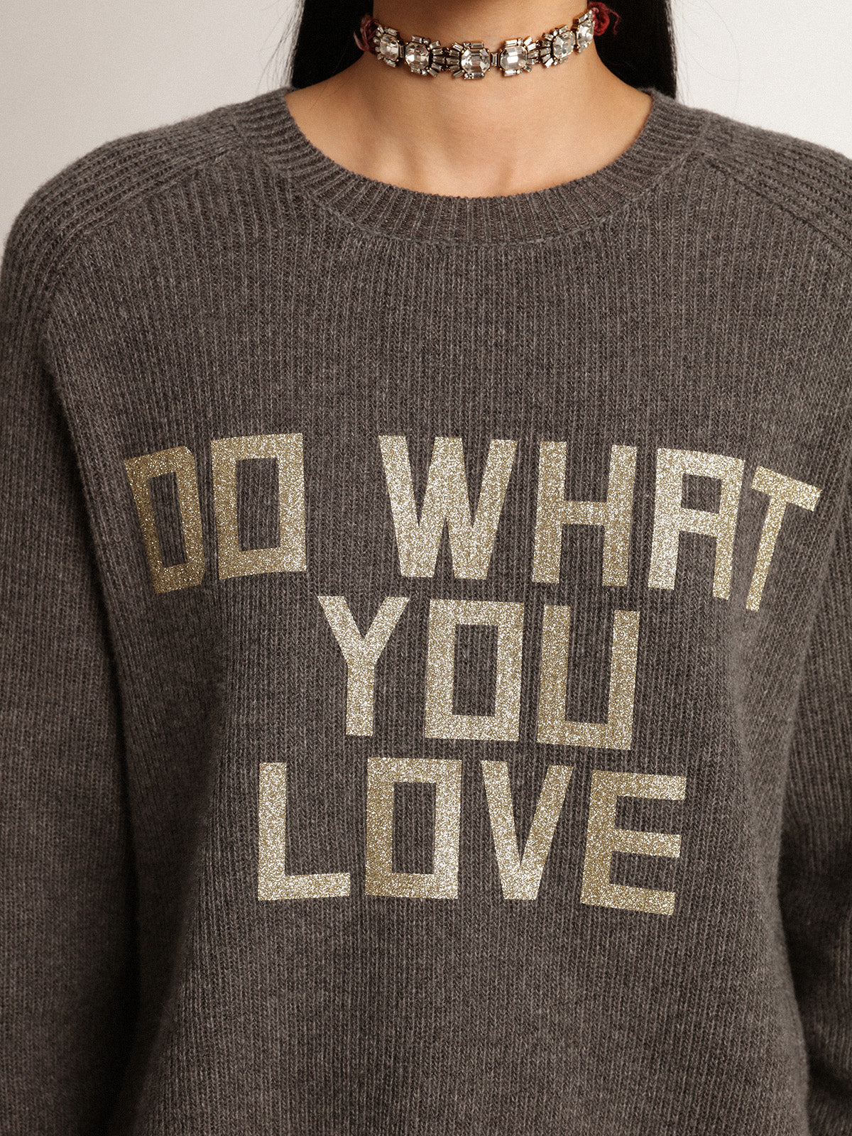 Women's gray round-neck sweater with glitter lettering| Golden Goose