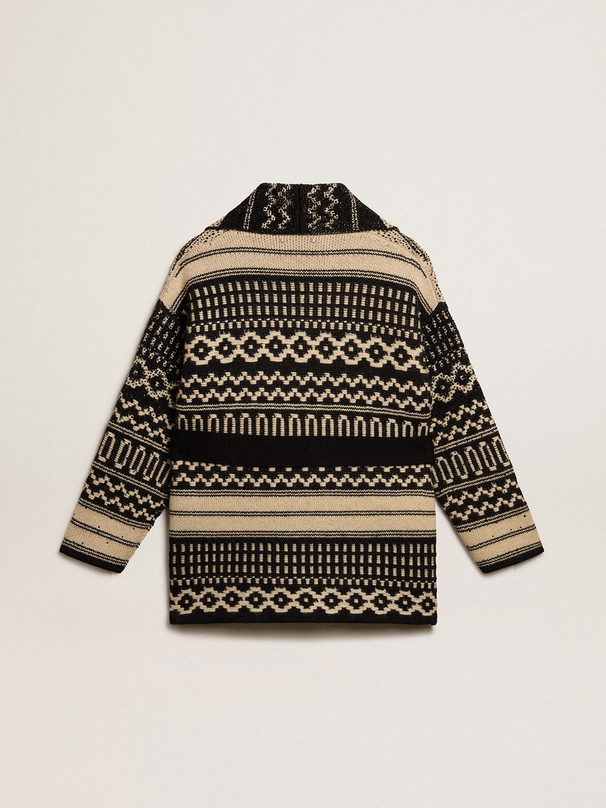 Women's cardigan in ecru wool with jacquard design and belt