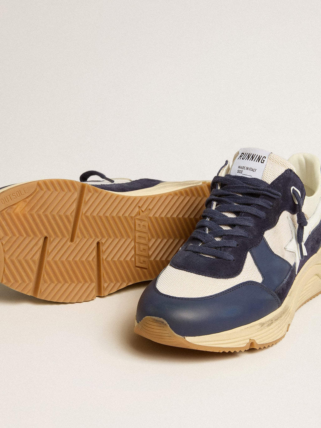 Running Sole in cream mesh and blue leather with a white leather star| Golden Goose