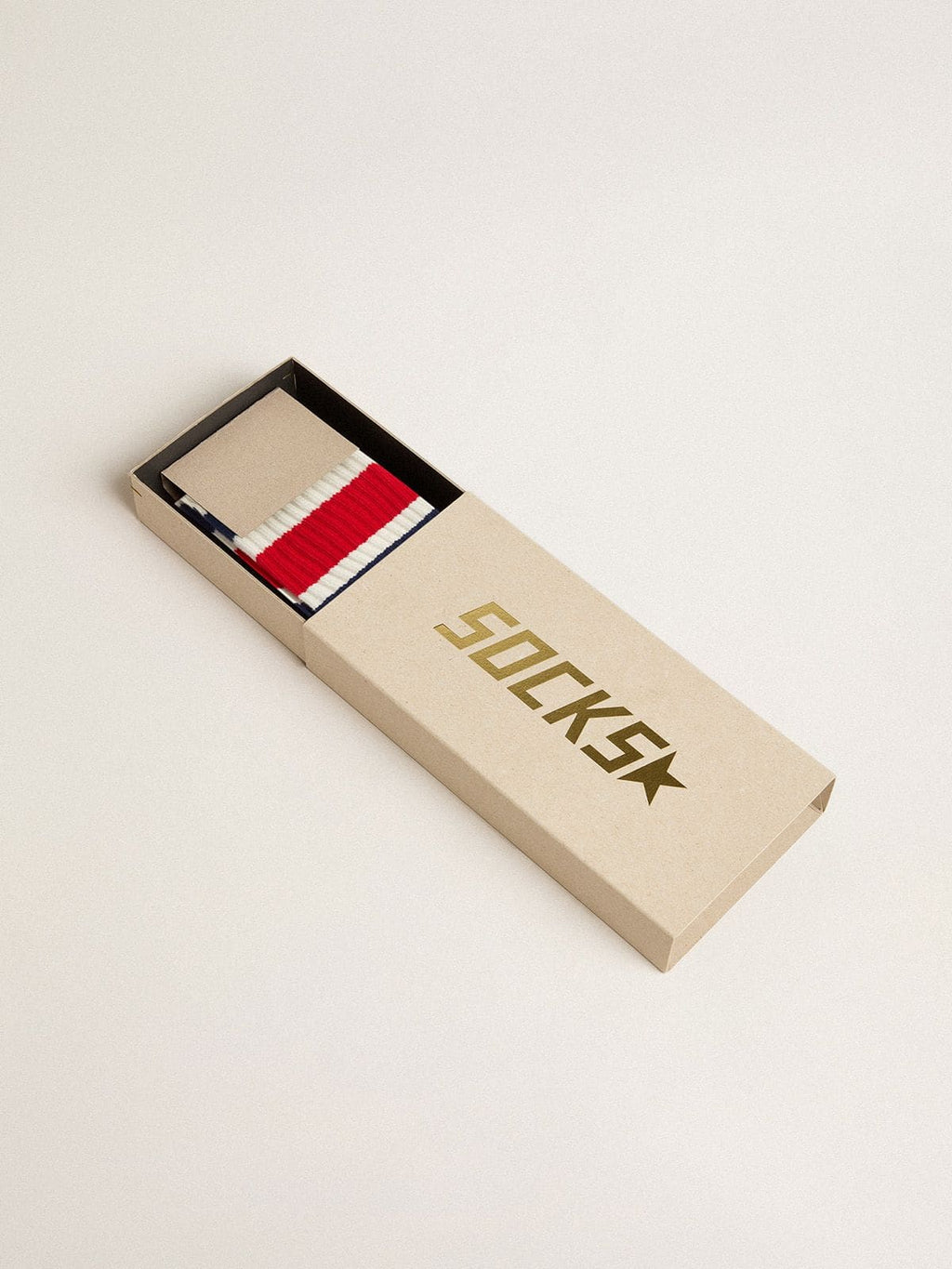 Worn-white socks with distressed details and black and red stripes| Golden Goose