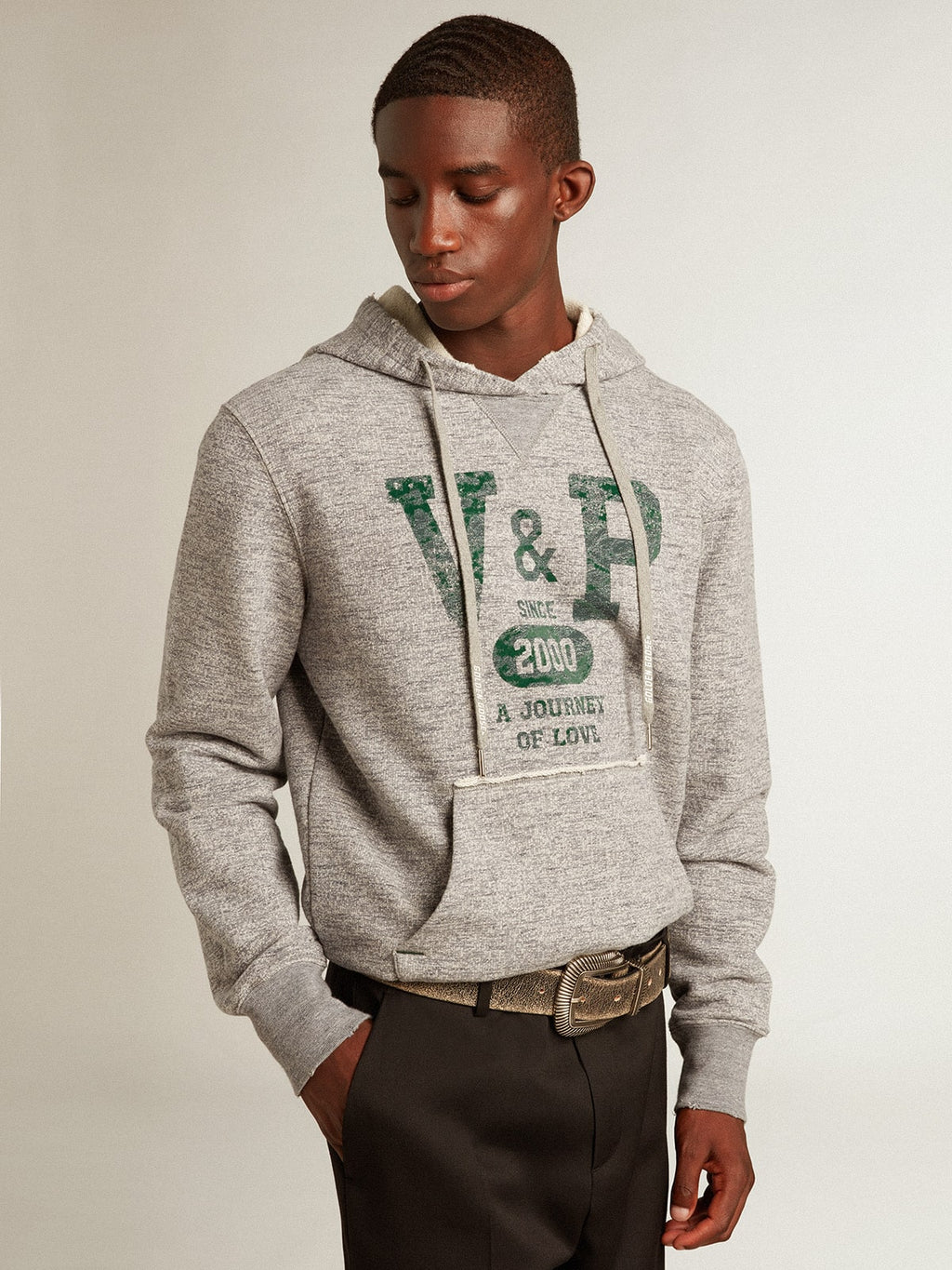 Gray hooded sweatshirt with front pocket| Golden Goose