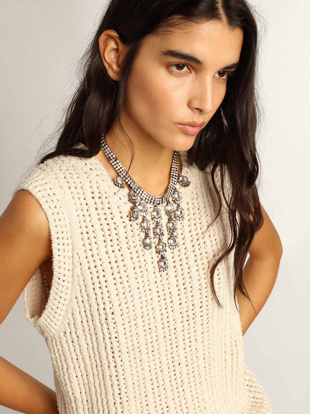 Papyrus-colored knitted sleeveless top| Golden Goose