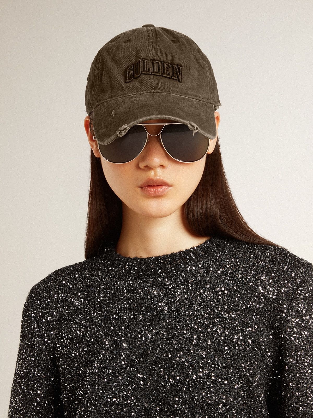 Gray distressed baseball cap with embroidery| Golden Goose