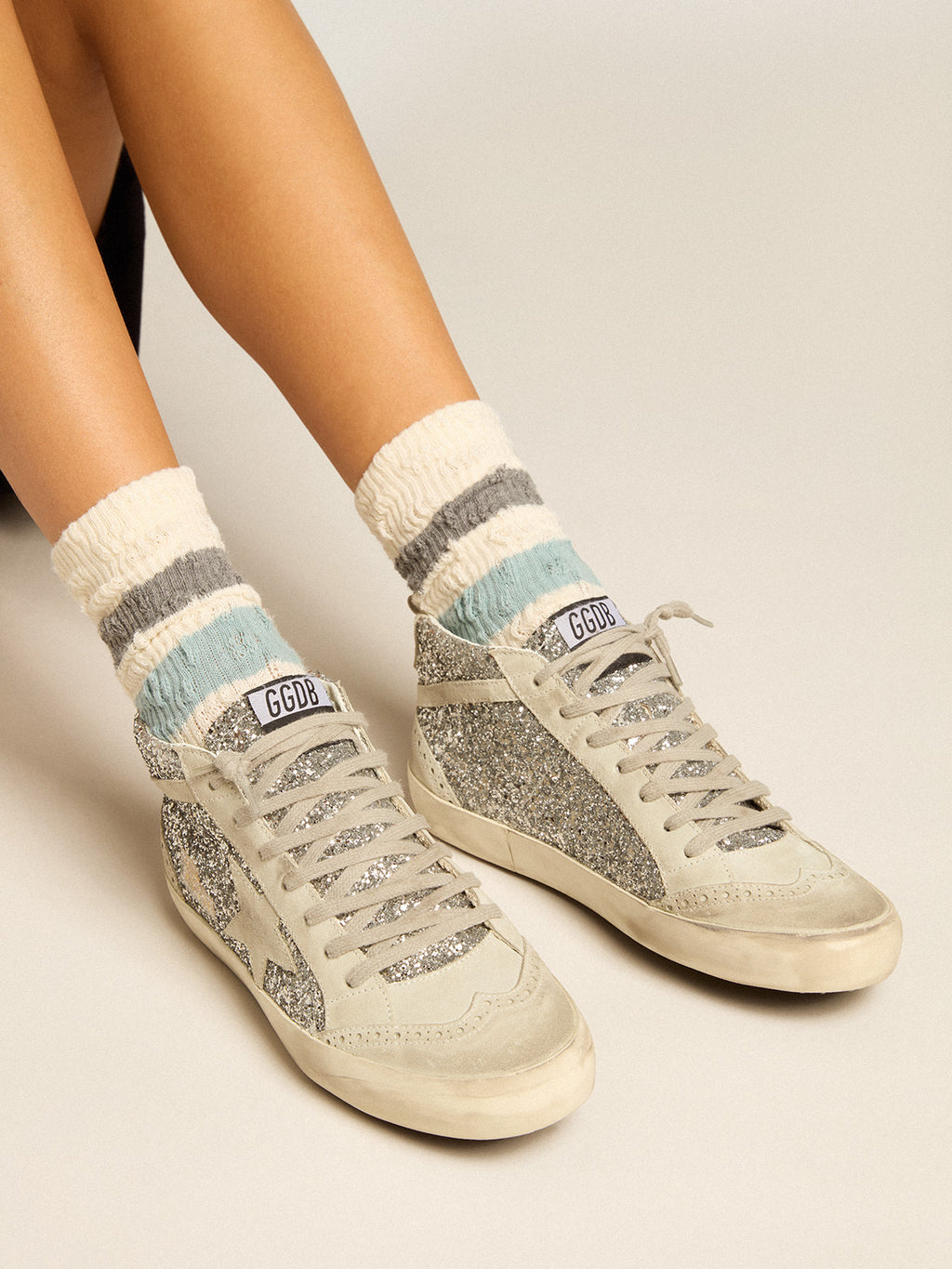 Mid Star in silver glitter with ice-gray suede star and flash| Golden Goose