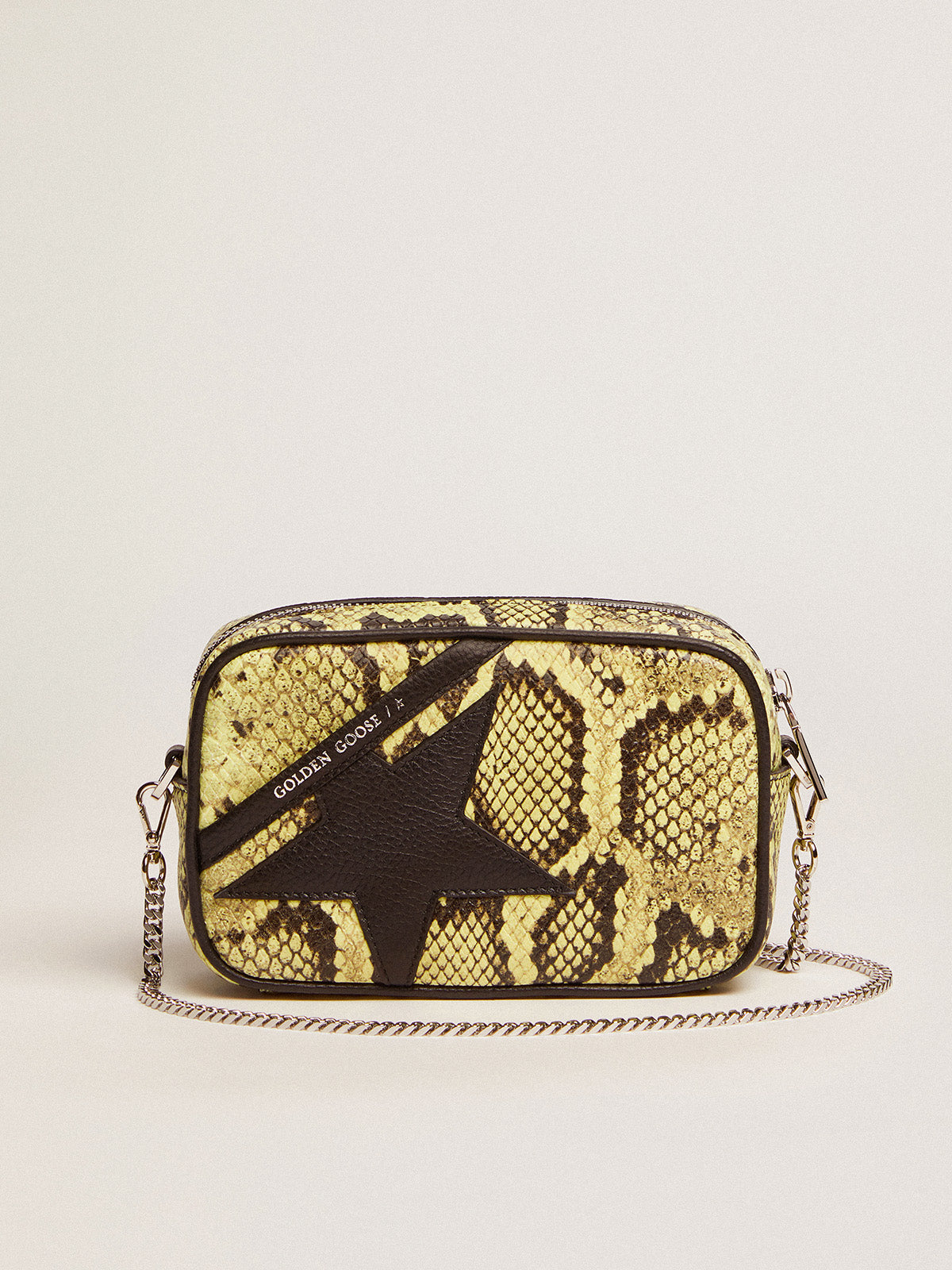 Women's Mini Star Bag in lime green snake print leather with black star| Golden Goose