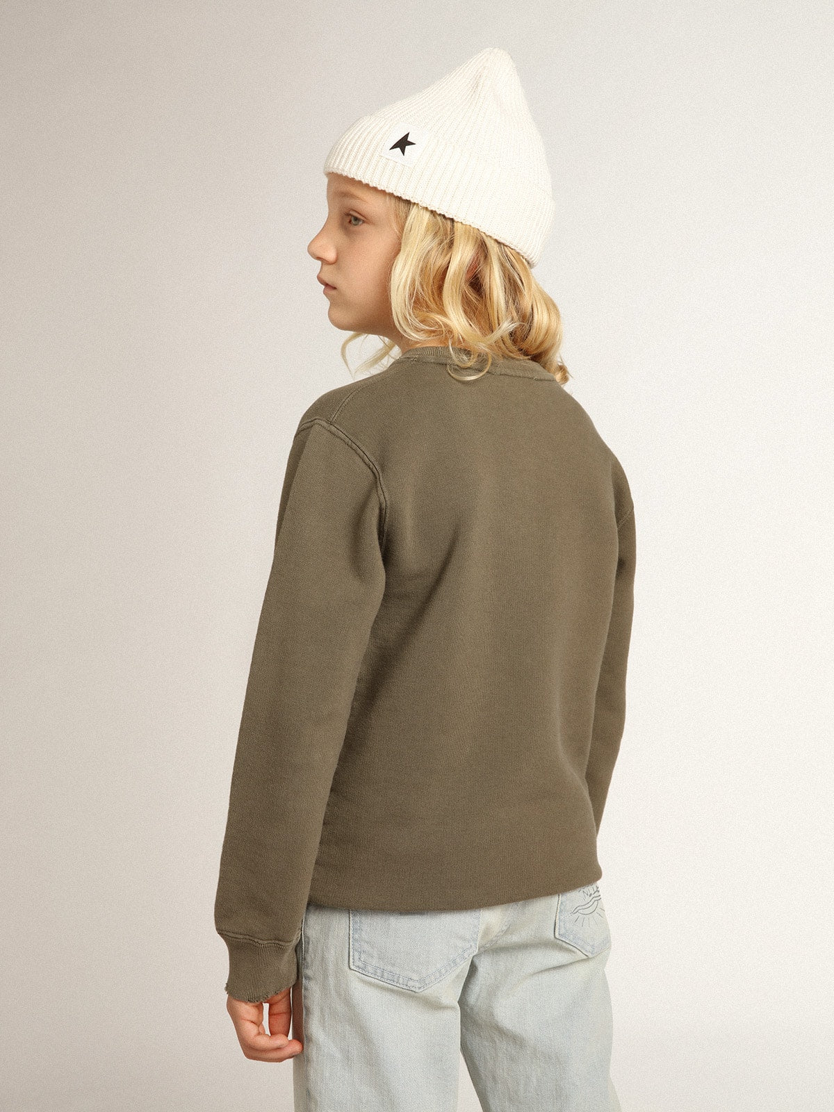 Distressed olive-green sweatshirt with Golden lettering on the front| Golden Goose