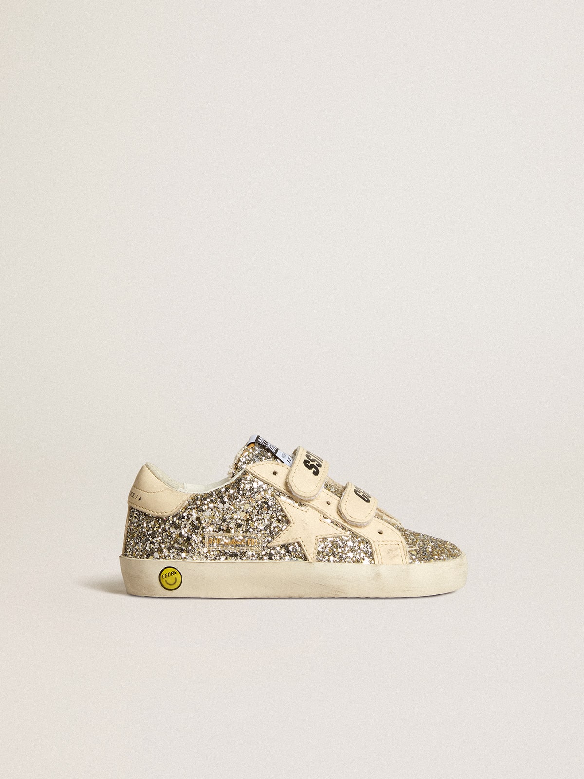 Old School Junior in platinum glitter with leather star and heel tab| Golden Goose