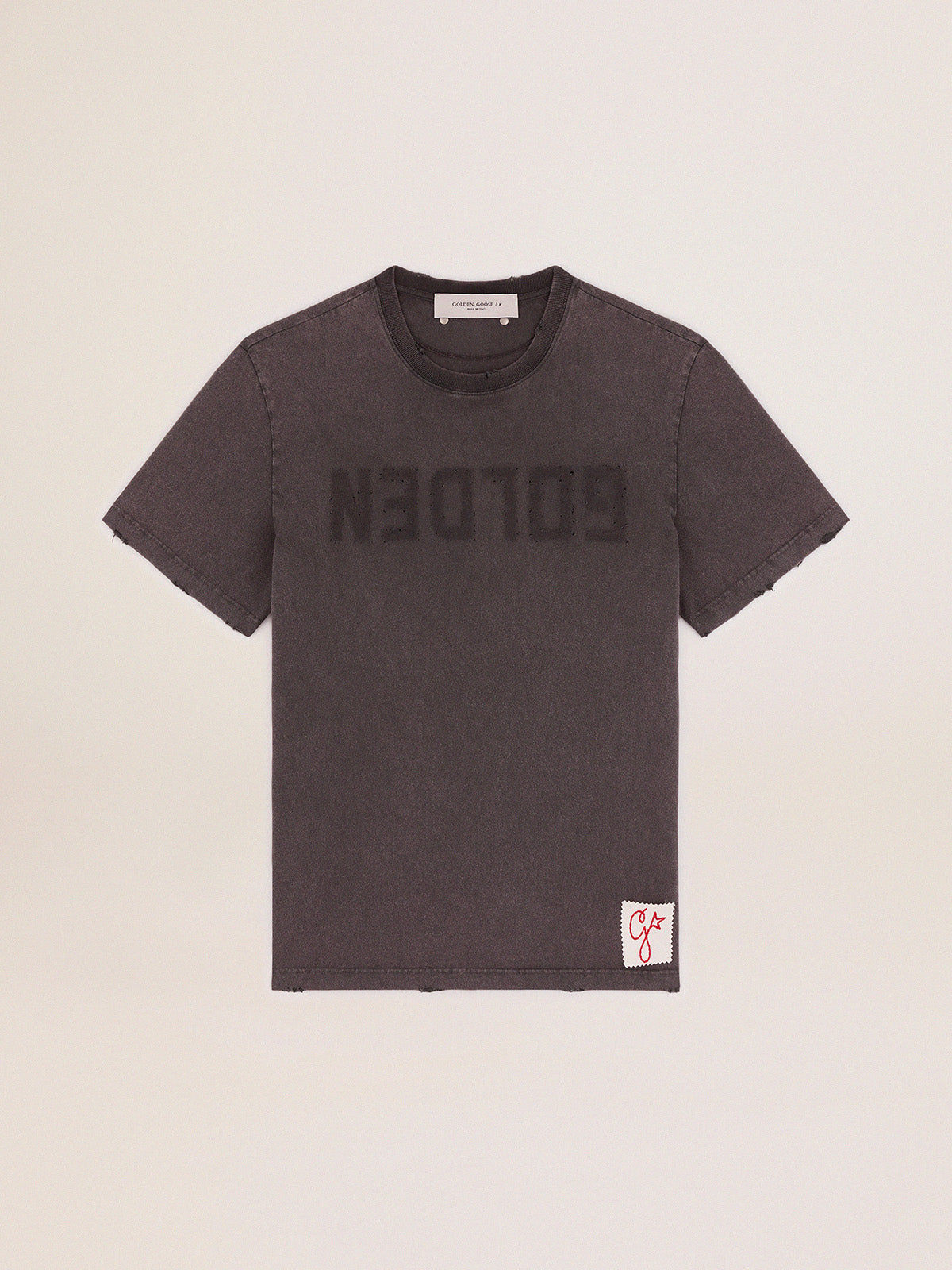 Men's anthracite gray T-shirt with distressed treatment| Golden Goose