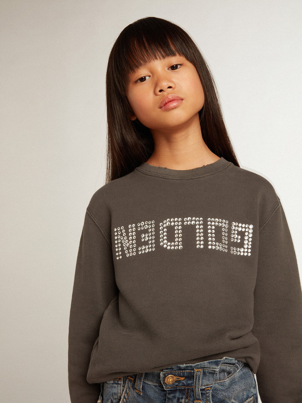 Distressed gray sweatshirt with crystal lettering| Golden Goose