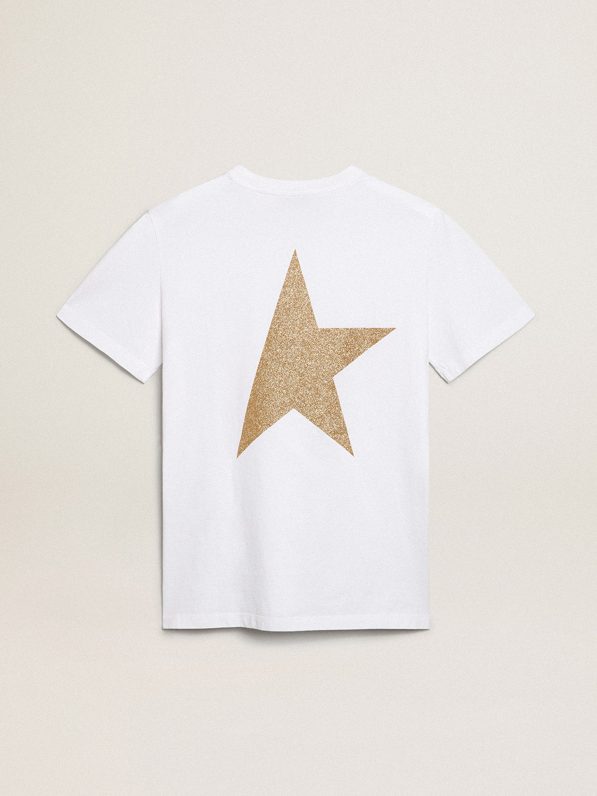 Women's white T-shirt with gold glitter logo and star| Golden Goose
