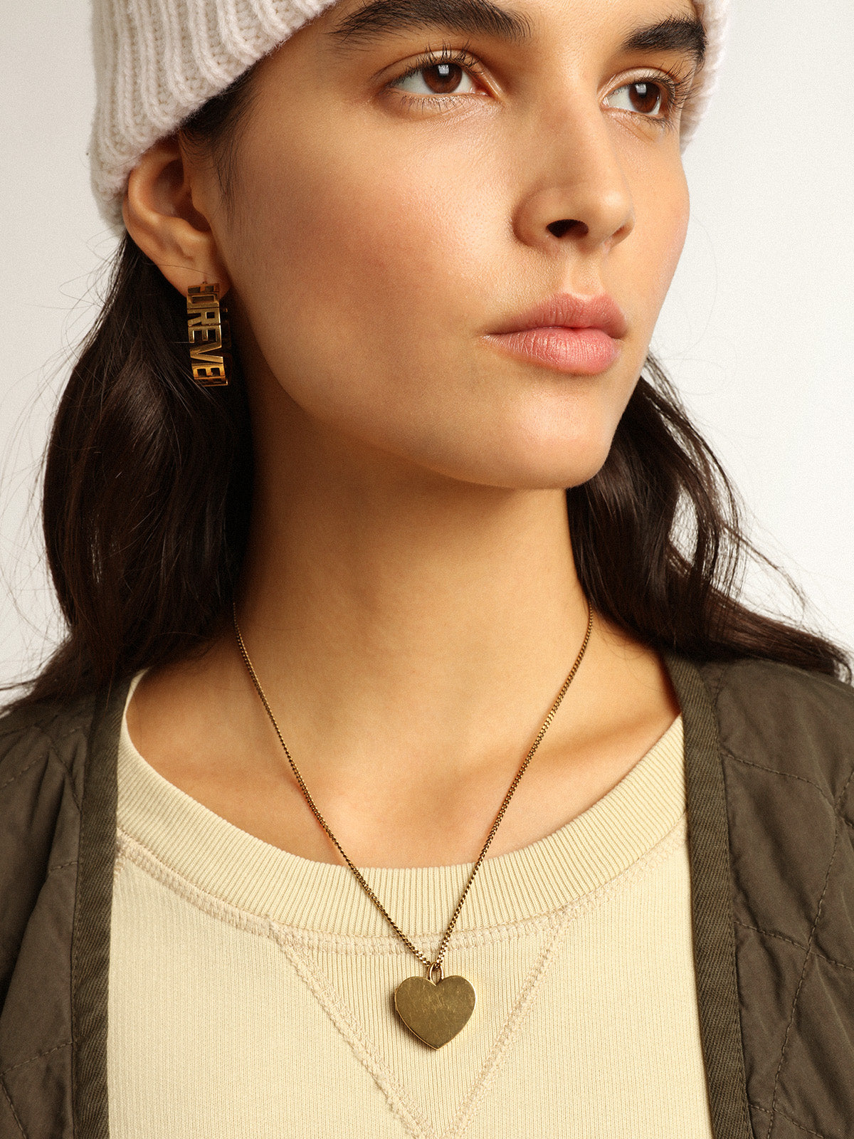 Hoop earrings in antique gold color with Forever For You lettering| Golden Goose