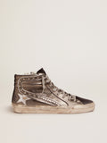Women's Slide with silver laminated leather upper and studs| Golden Goose