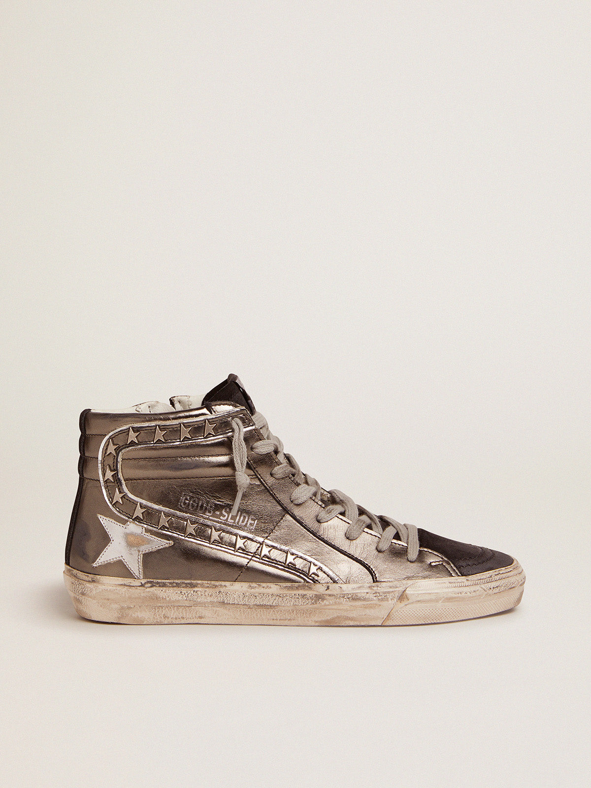 Women's Slide with silver laminated leather upper and studs| Golden Goose