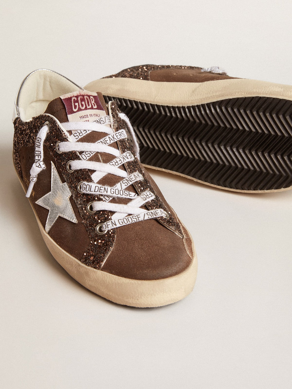 Women's Super-Star LTD in brown glitter and suede with leather star and heel tab| Golden Goose