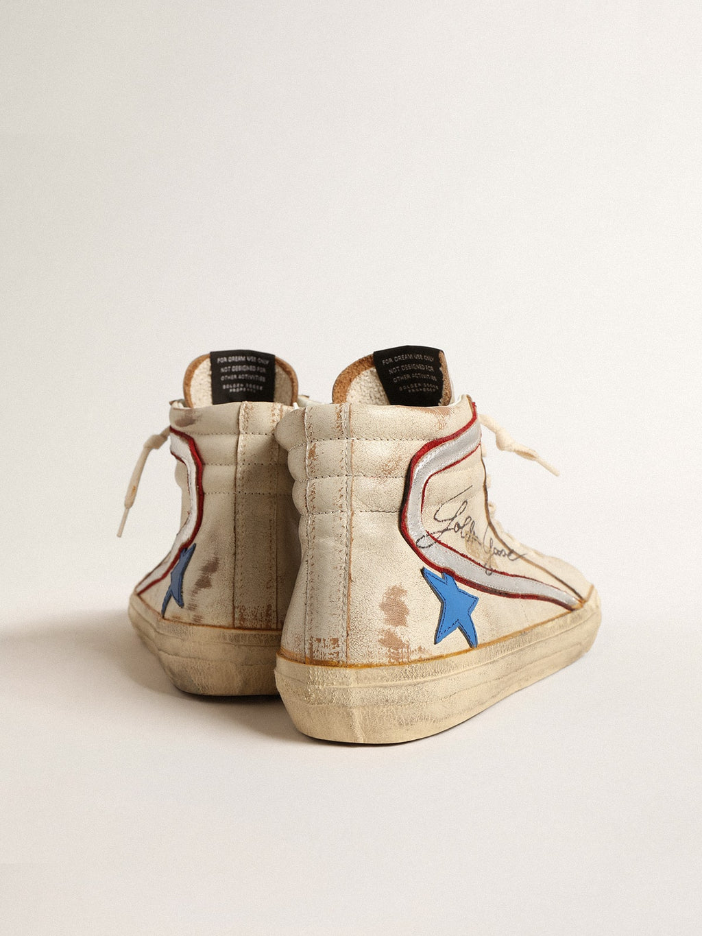 Slide LTD in ecru with bright blue star and silver leather flash| Golden Goose