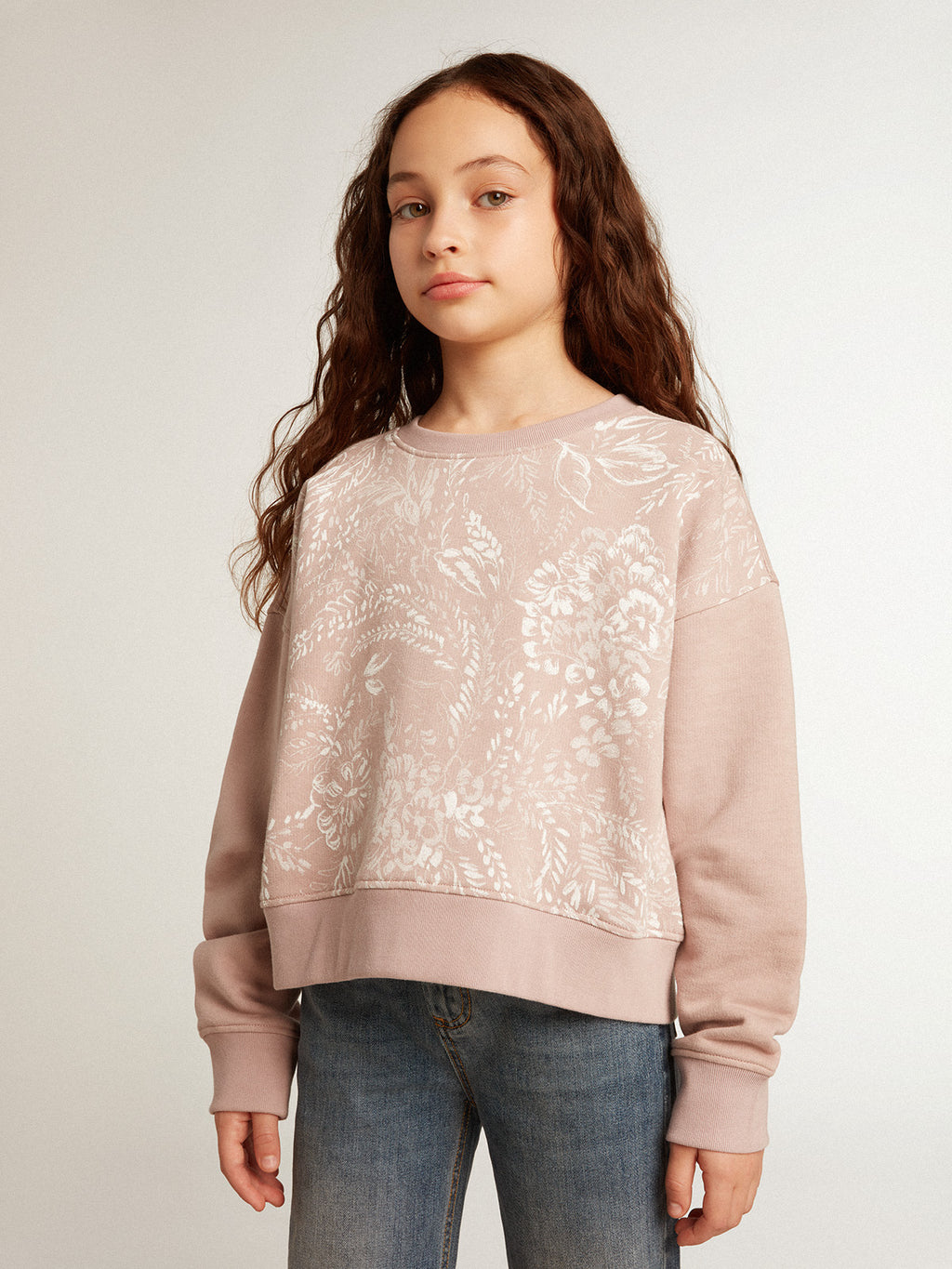 Cropped sweatshirt in pink cotton with toile de jouy print| Golden Goose